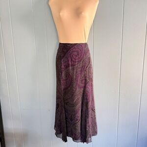 Lauren Ralph Lauren Womens 6 Silk Paisley Pleated Midi Skirt Purple Plum Boho